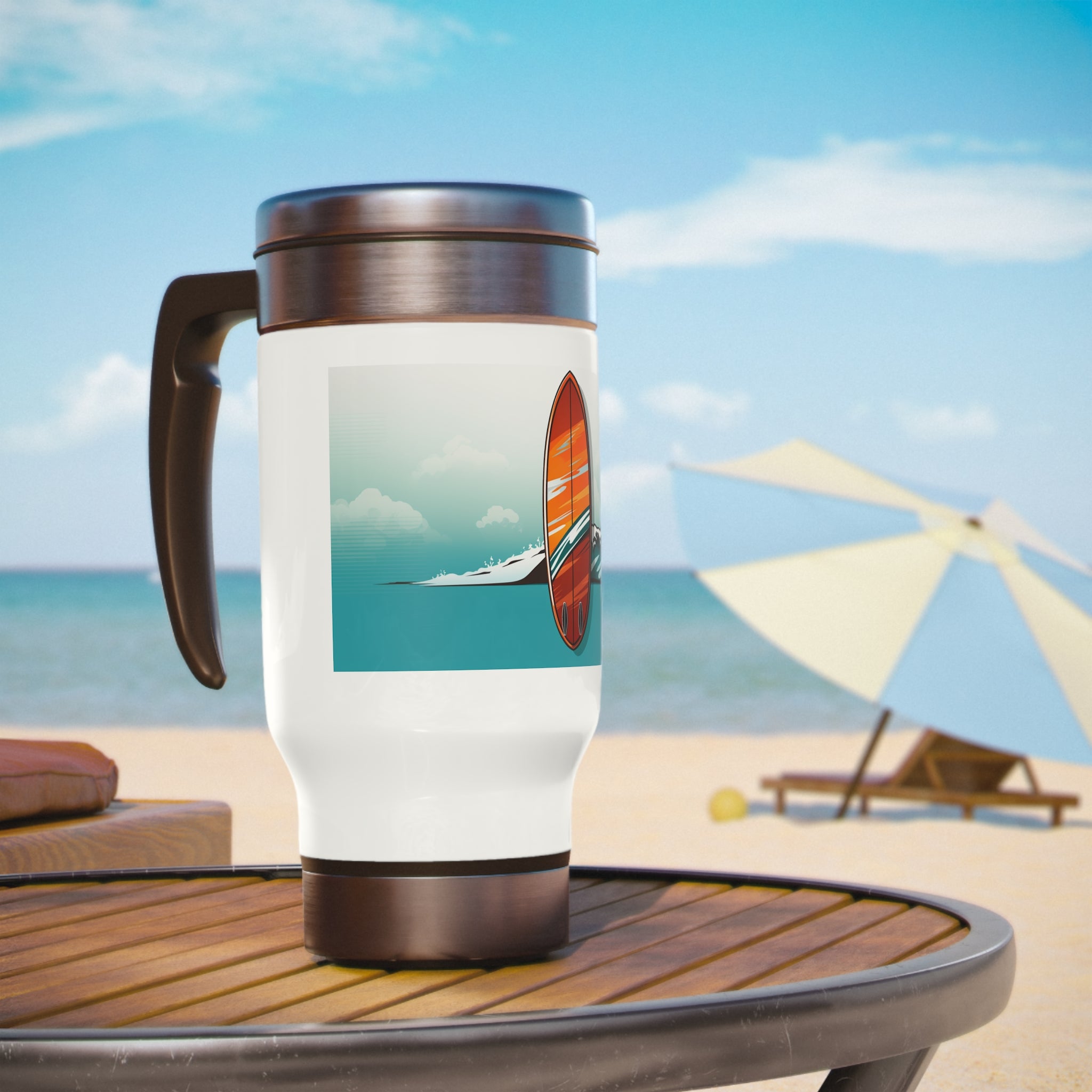 Stainless Steel Travel Mug with Handle, 14oz - Pop Art, Surfboard