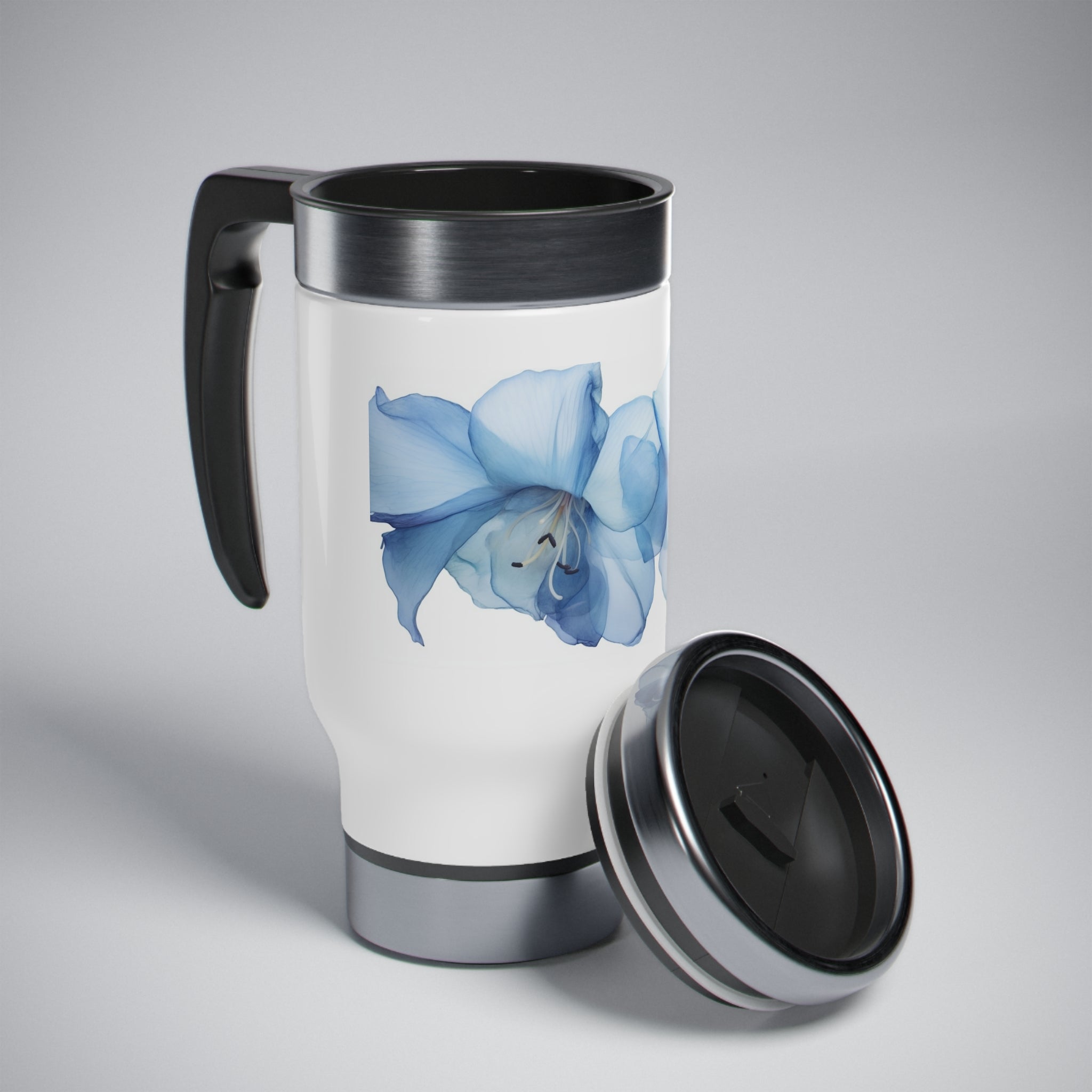 Stainless Steel Travel Mug with Handle, 14oz - Blue Calle Lily, Watercolor