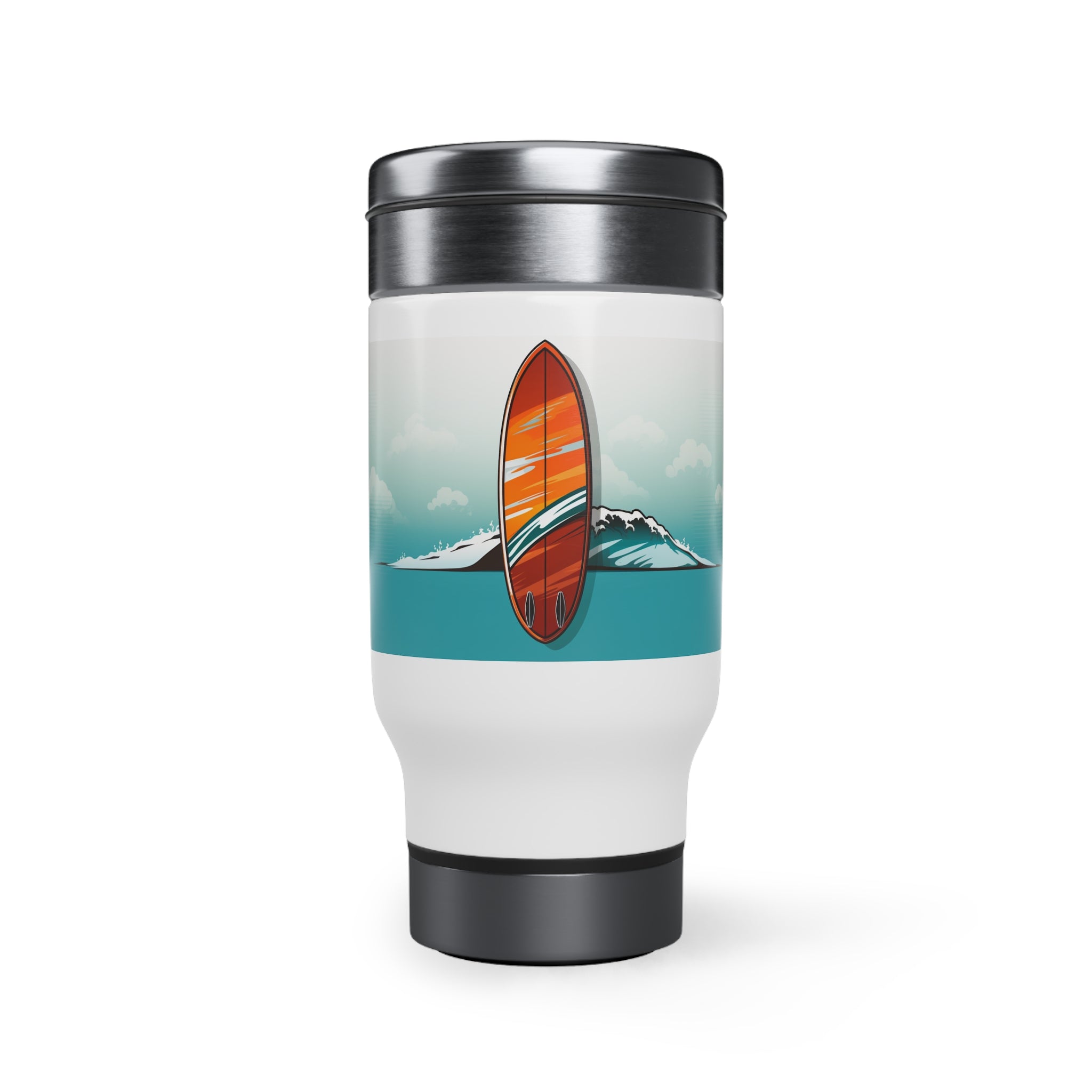 Stainless Steel Travel Mug with Handle, 14oz - Pop Art, Surfboard