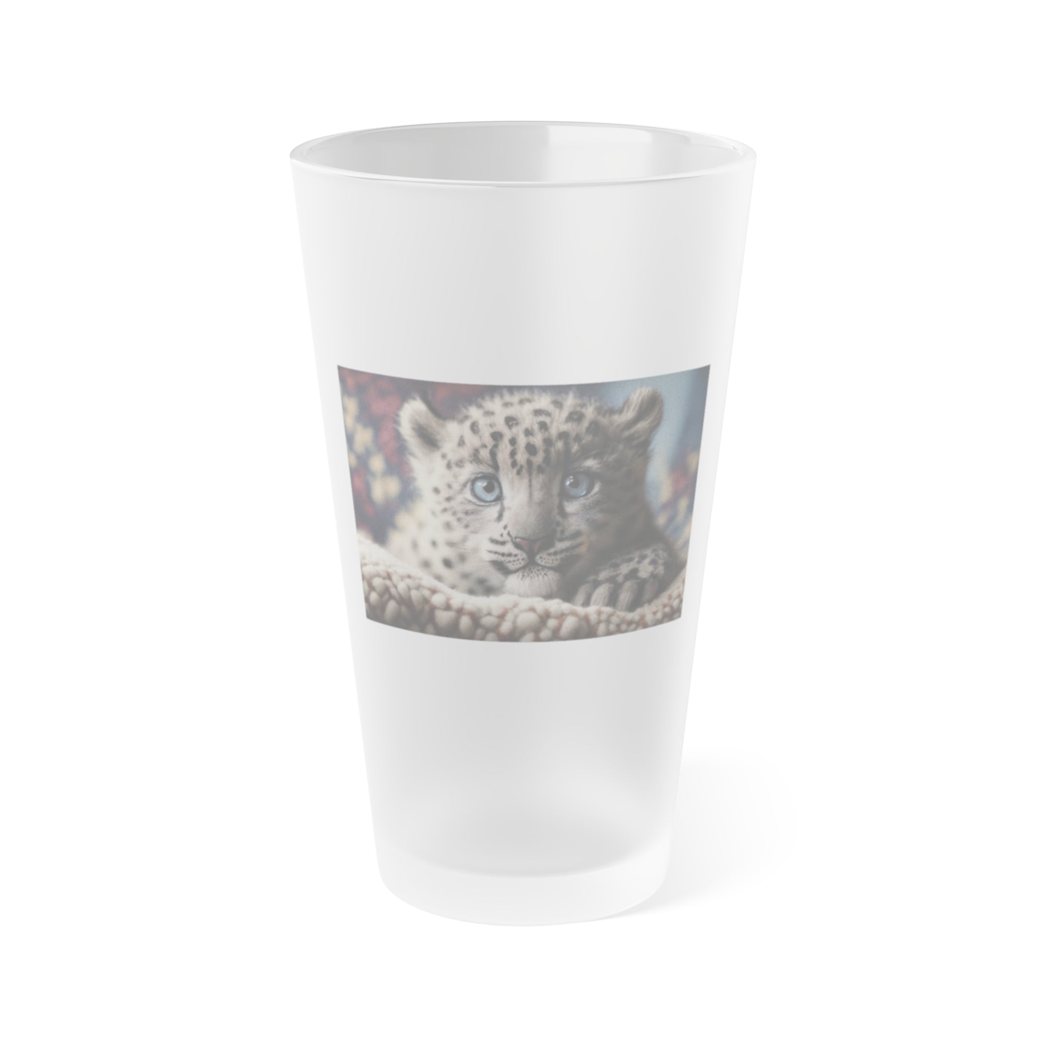 Frosted Pint Glass, 16oz - Animal Knit Arts, Snow Leopard cub