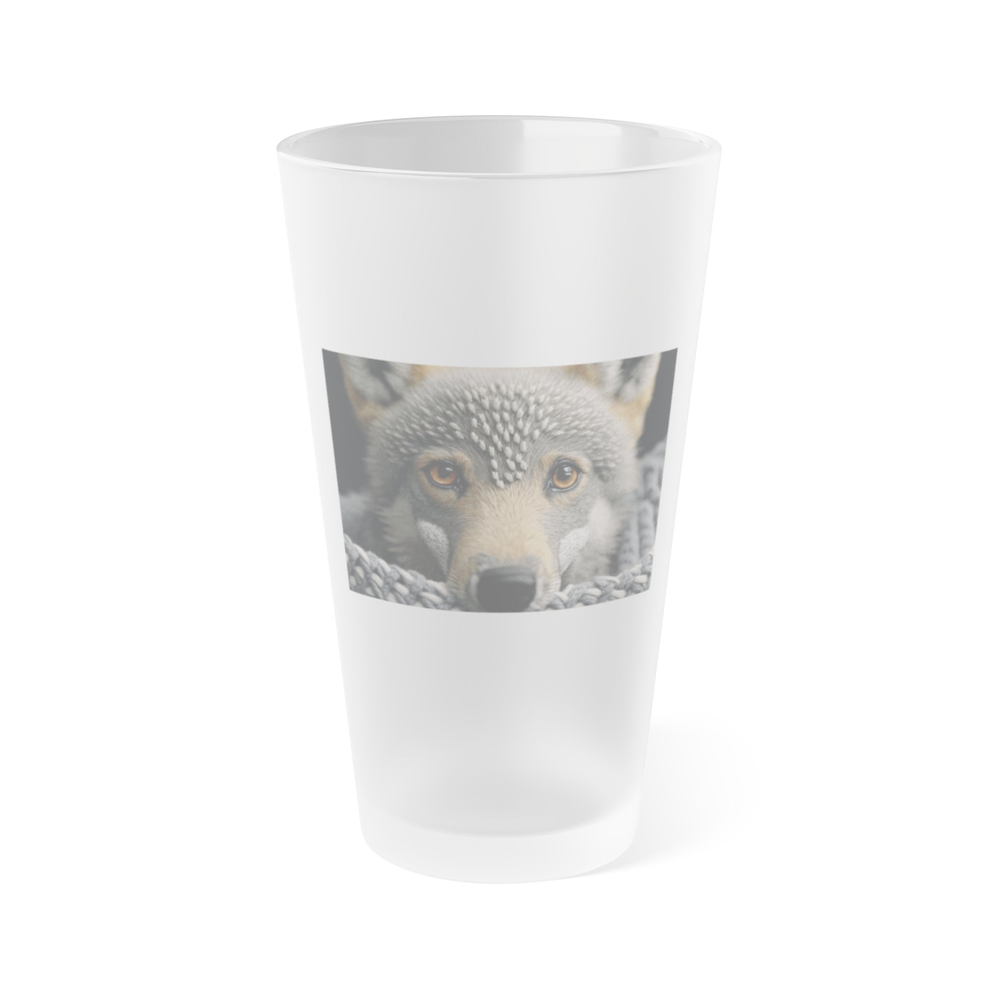 Frosted Pint Glass, 16oz - Animal Knit Arts, Wolf pup