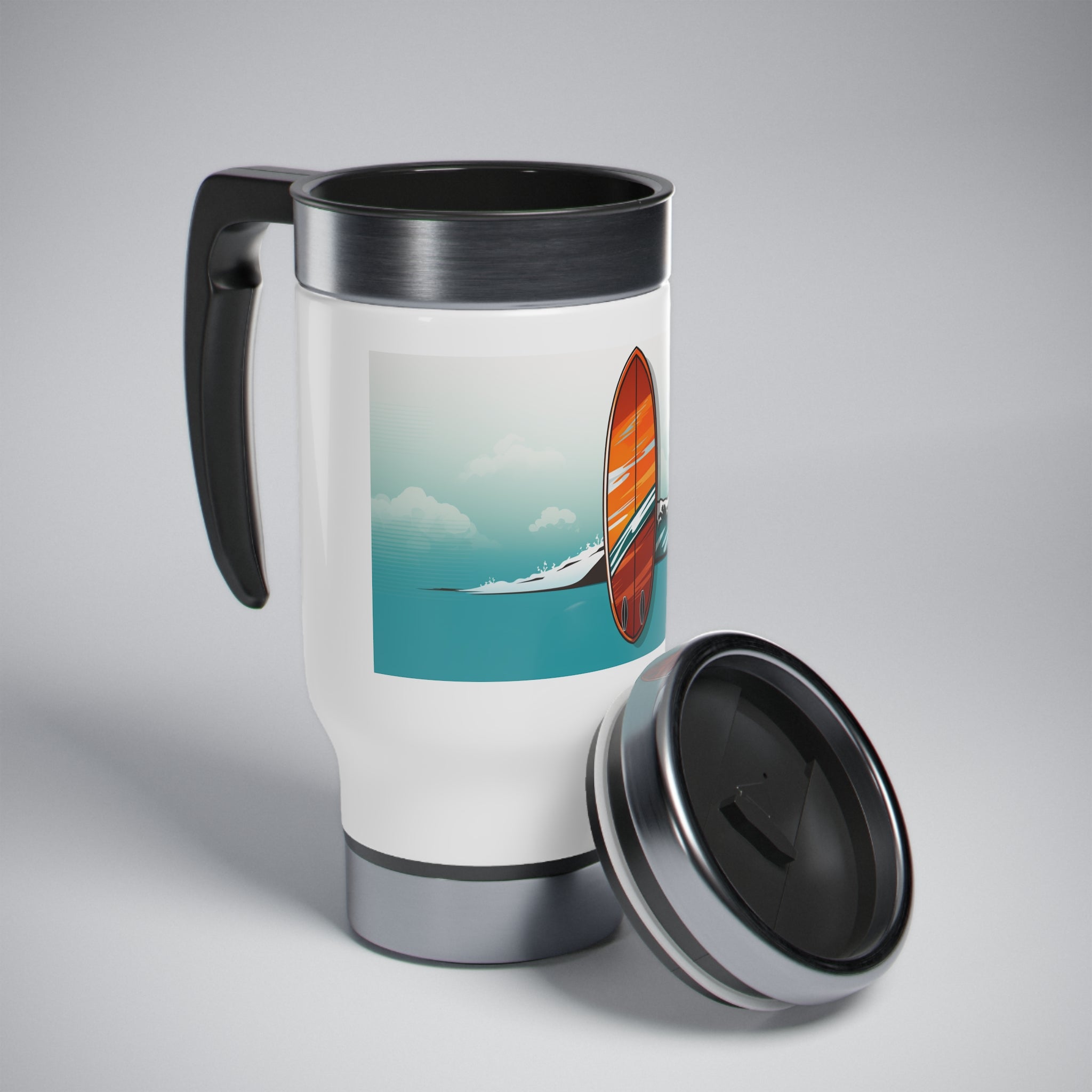 Stainless Steel Travel Mug with Handle, 14oz - Pop Art, Surfboard