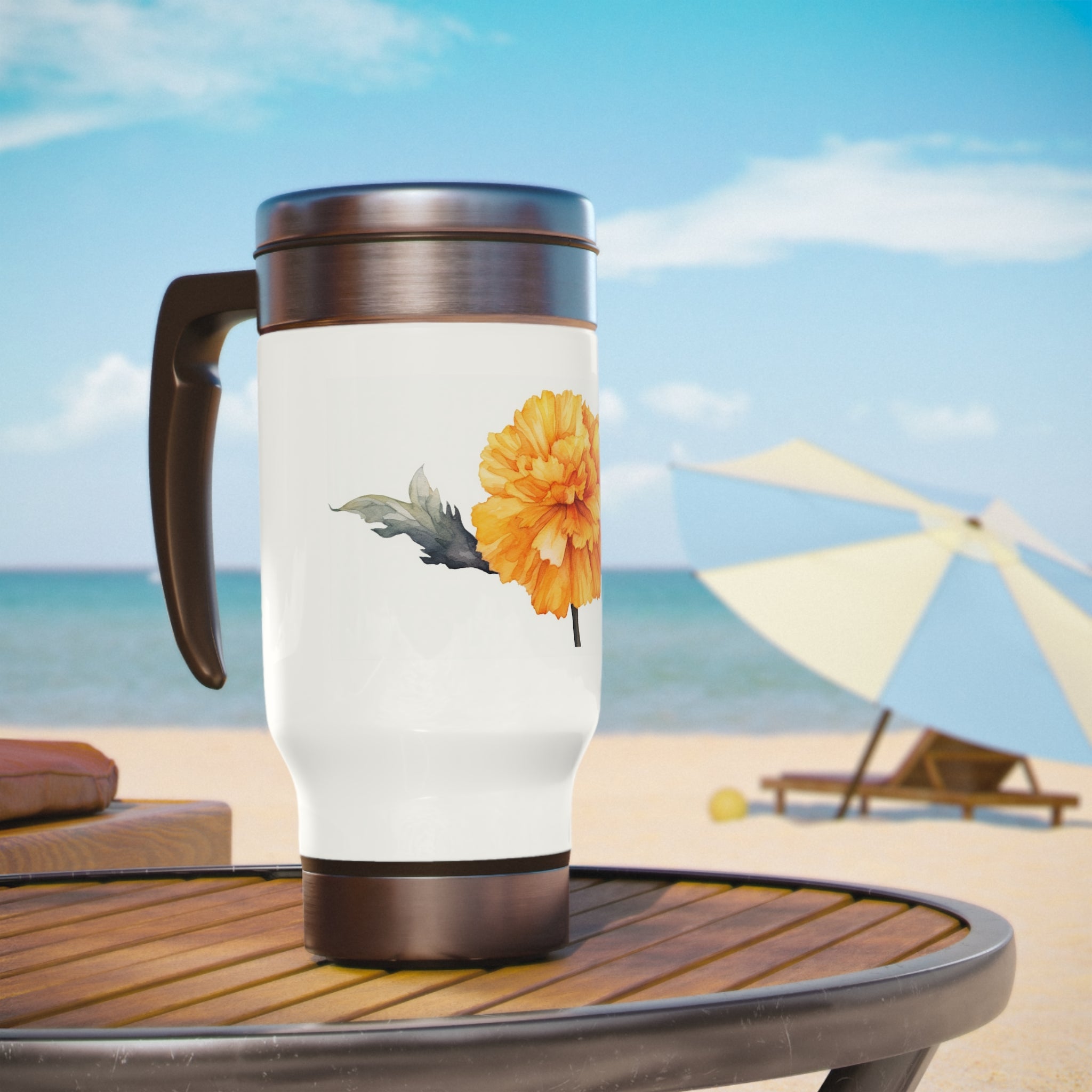 Stainless Steel Travel Mug with Handle, 14oz - Marigold, Watercolor