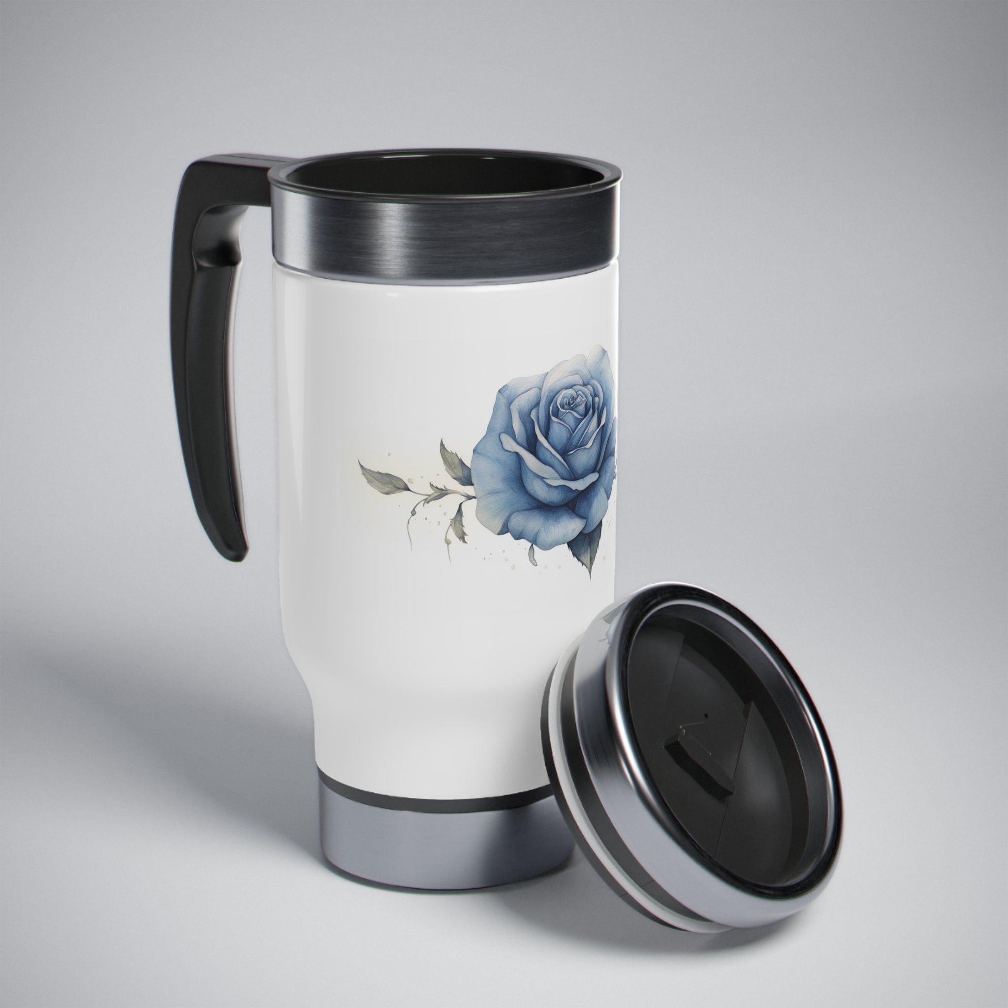 Stainless Steel Travel Mug with Handle, 14oz - Blue Rose, Watercolor