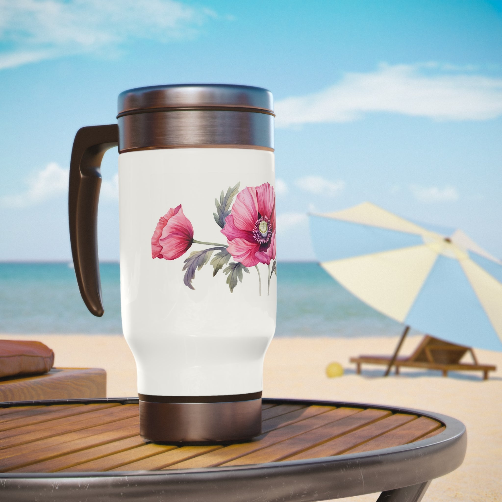 Stainless Steel Travel Mug with Handle, 14oz - Pink Poppy, Watercolor