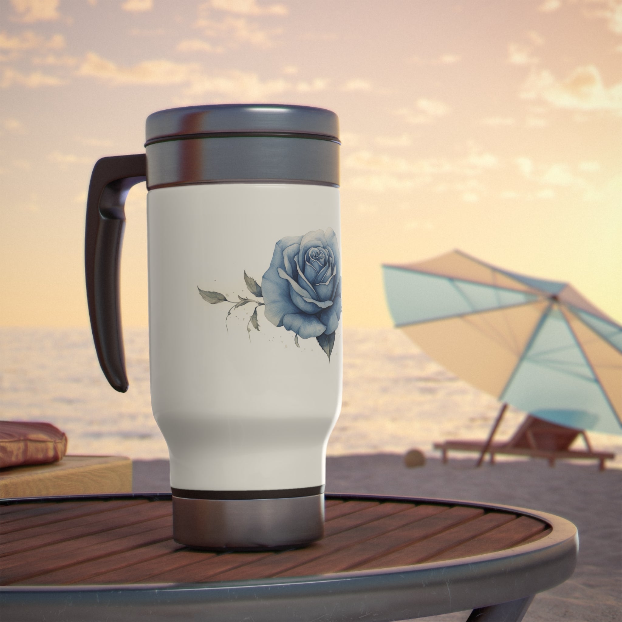 Stainless Steel Travel Mug with Handle, 14oz - Blue Rose, Watercolor