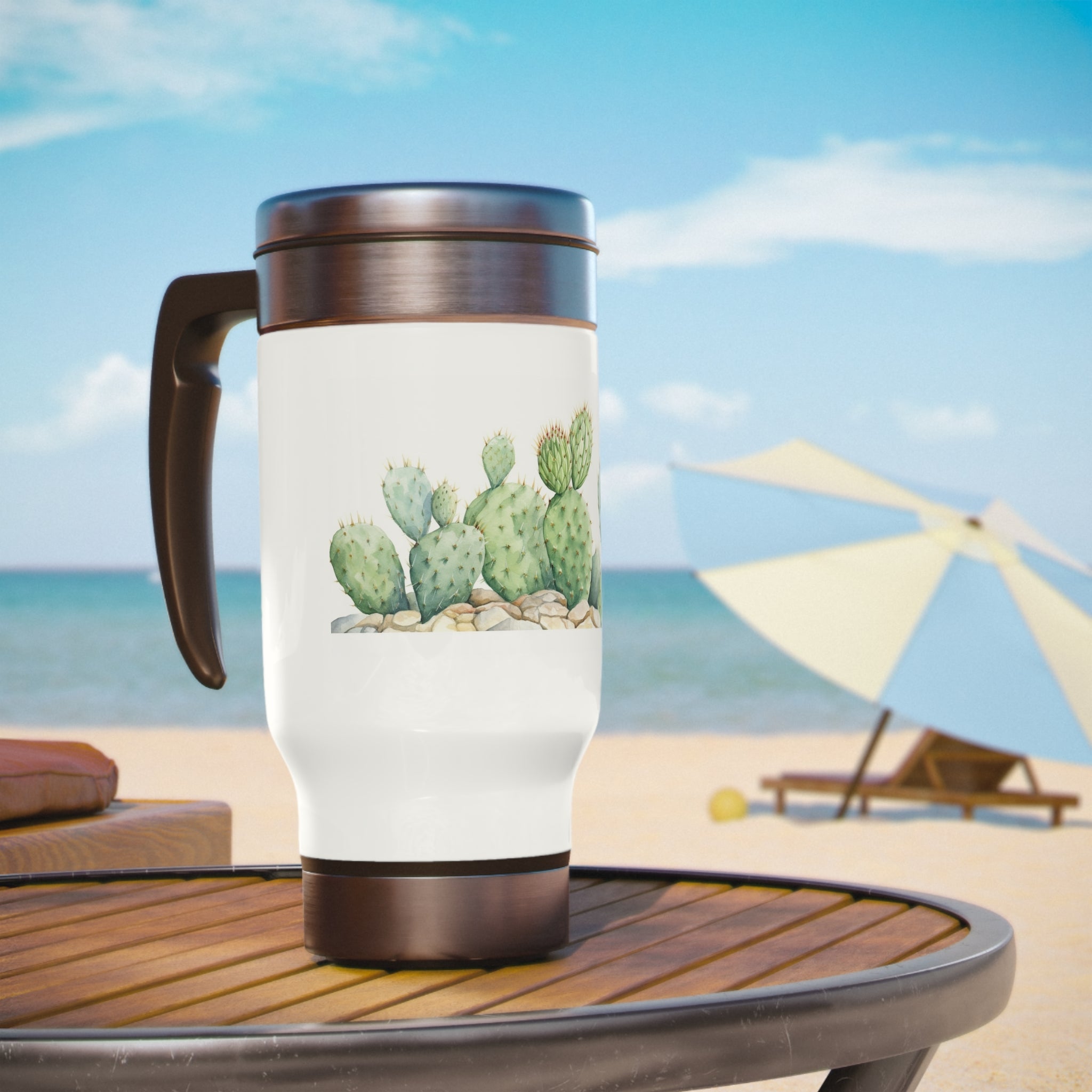 Stainless Steel Travel Mug with Handle, 14oz - Cactus, Watercolor