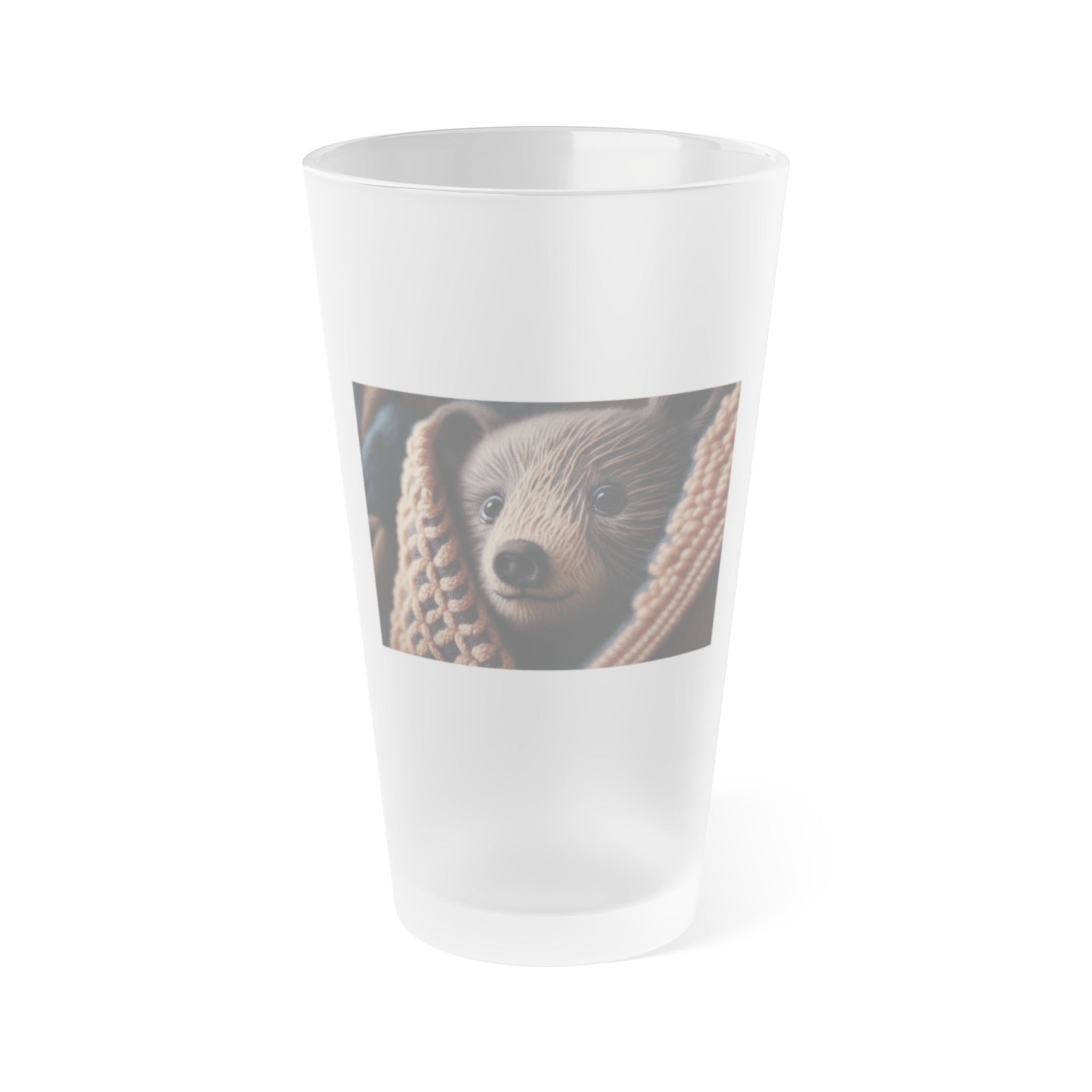 Frosted Pint Glass, 16oz - Animal Knit Arts, Bear cub