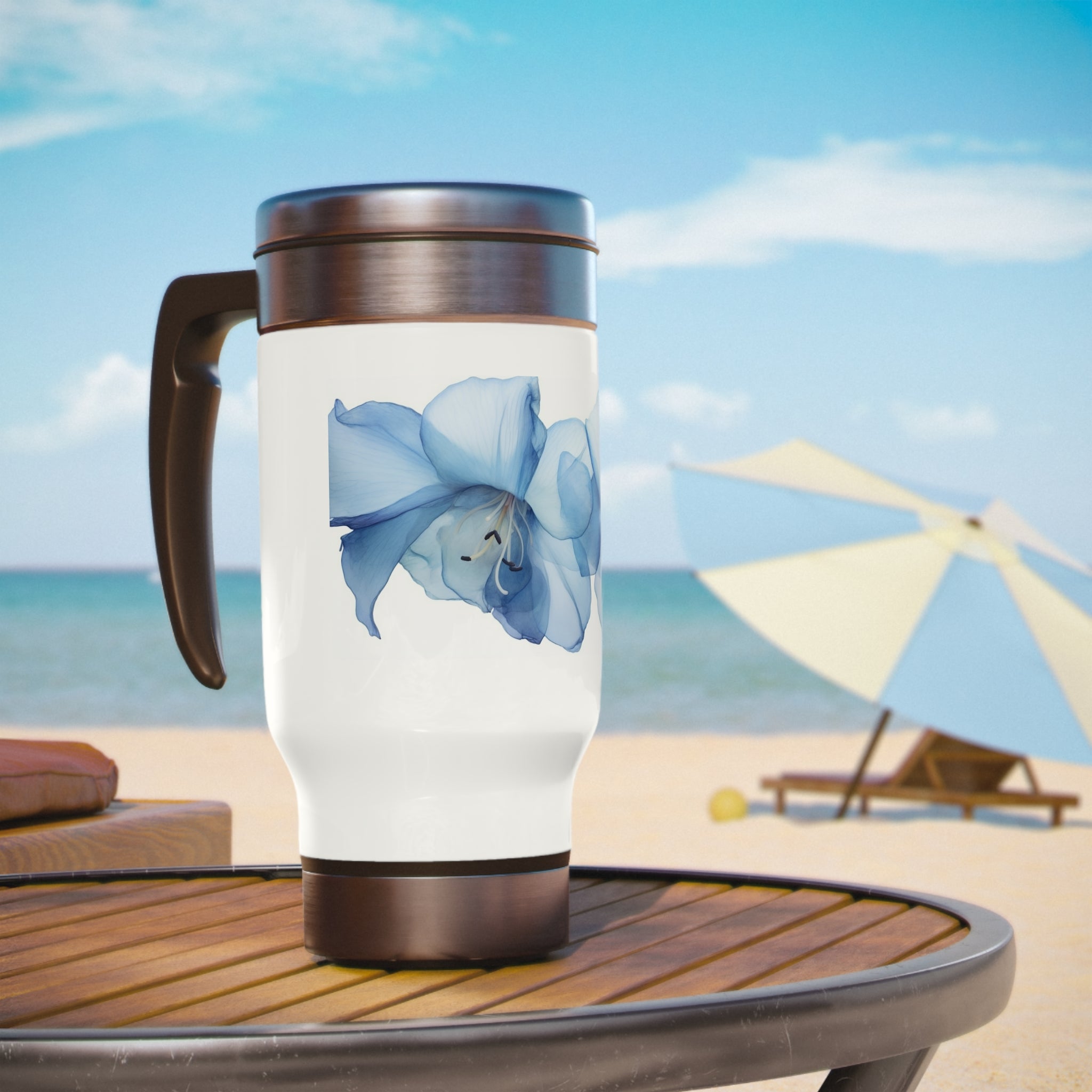 Stainless Steel Travel Mug with Handle, 14oz - Blue Calle Lily, Watercolor