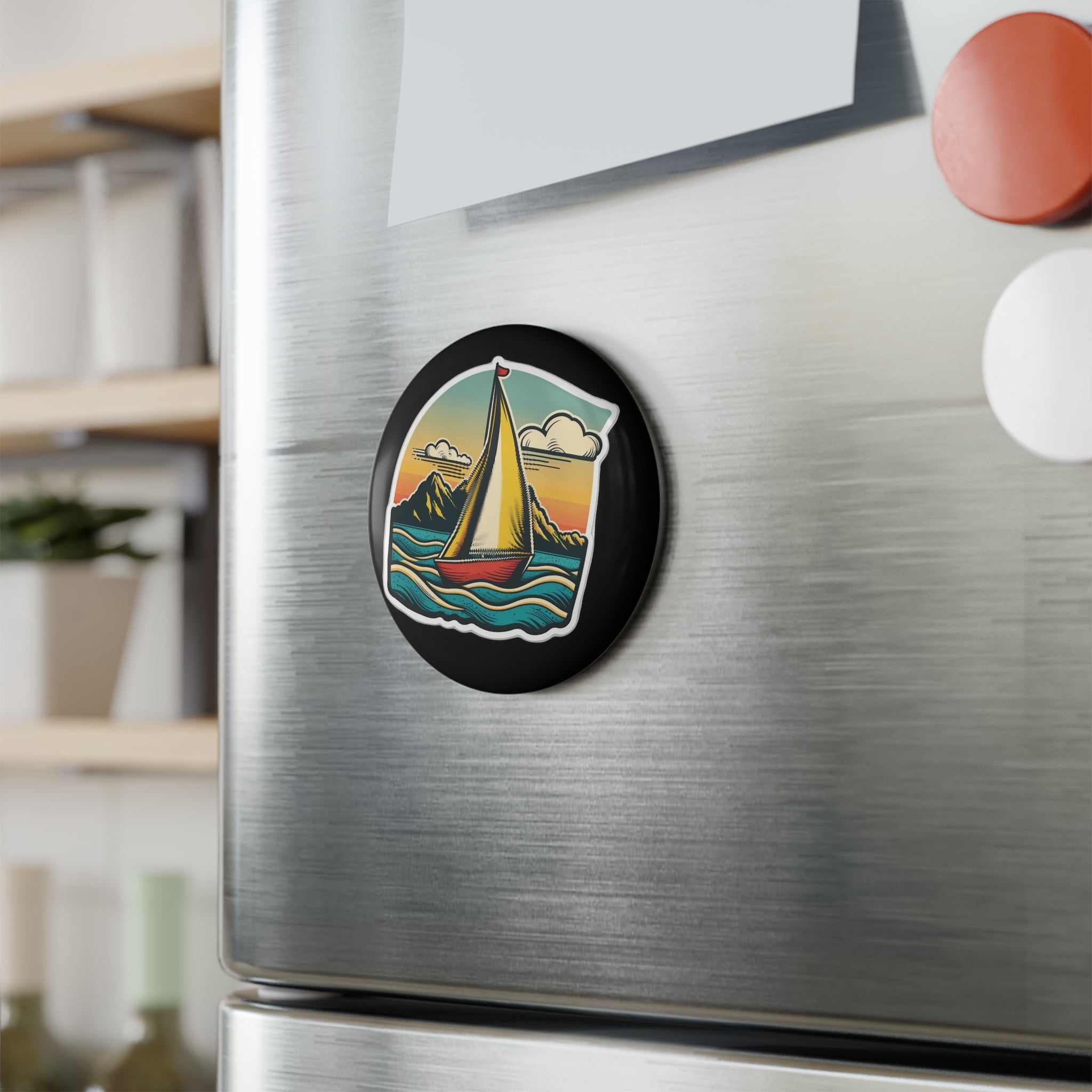 Button Magnet, Round (1 & 10 pcs) - Sailboat