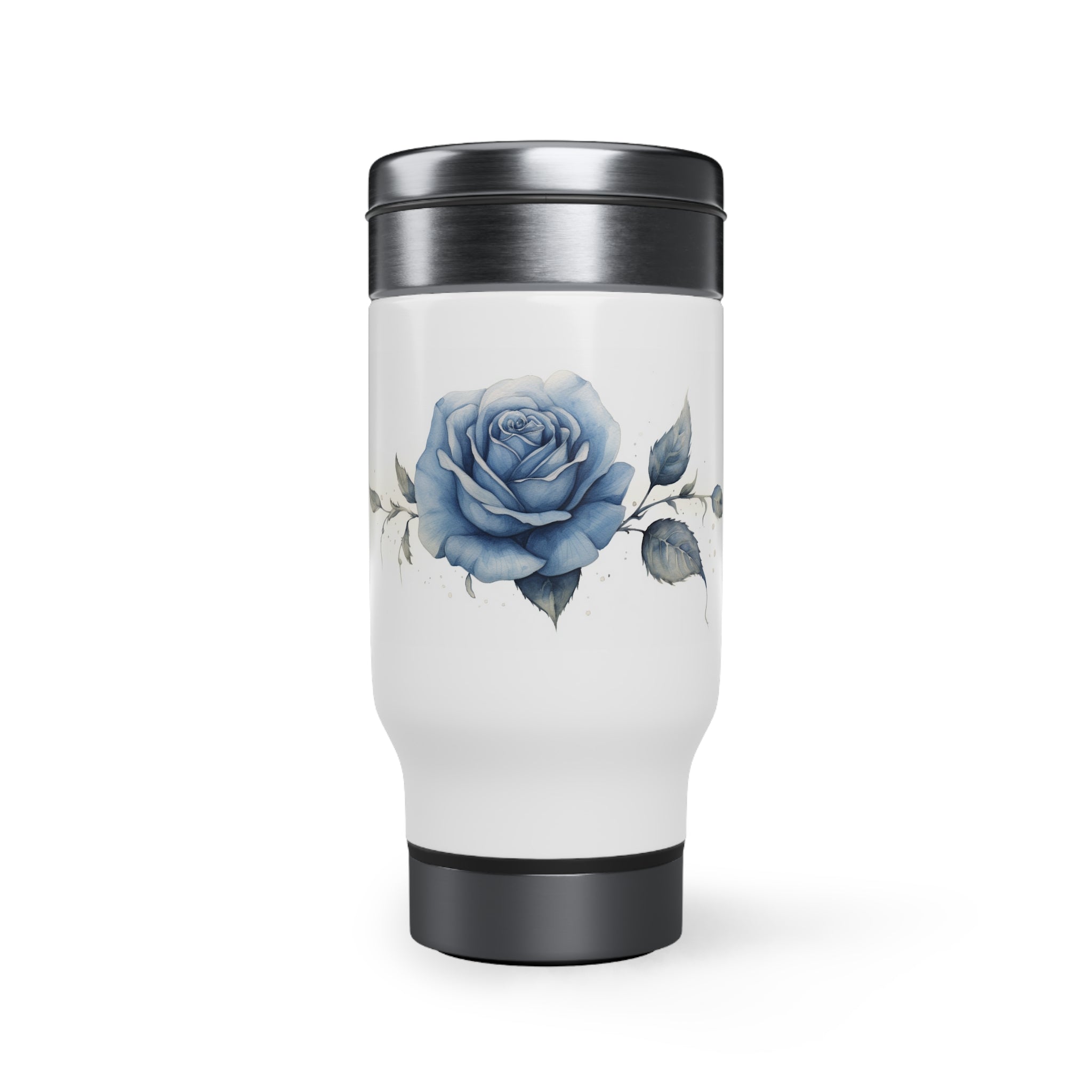 Stainless Steel Travel Mug with Handle, 14oz - Blue Rose, Watercolor