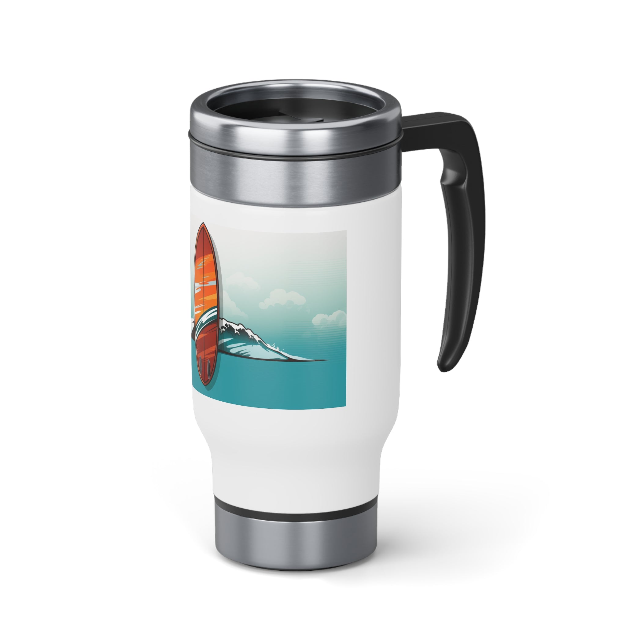 Stainless Steel Travel Mug with Handle, 14oz - Pop Art, Surfboard