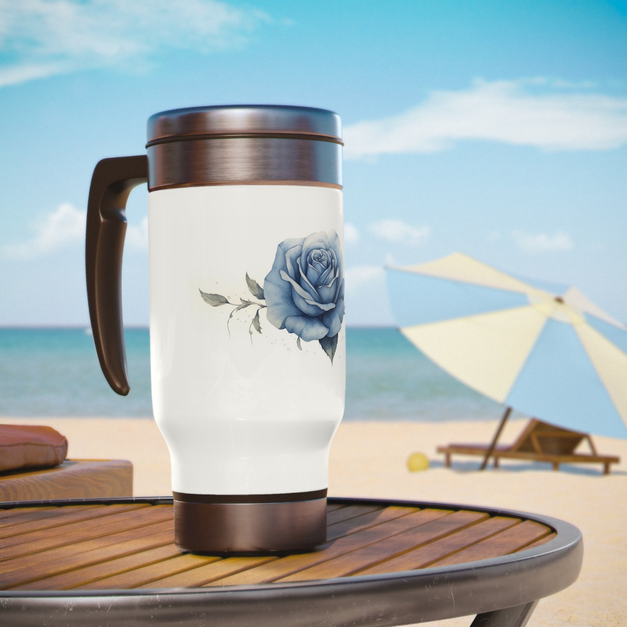 Stainless Steel Travel Mug with Handle, 14oz - Blue Rose, Watercolor