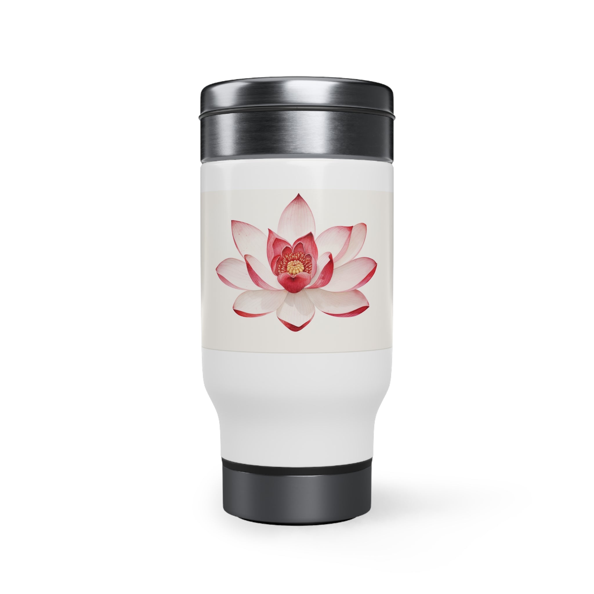 Stainless Steel Travel Mug with Handle, 14oz - Red Lotus, Watercolor