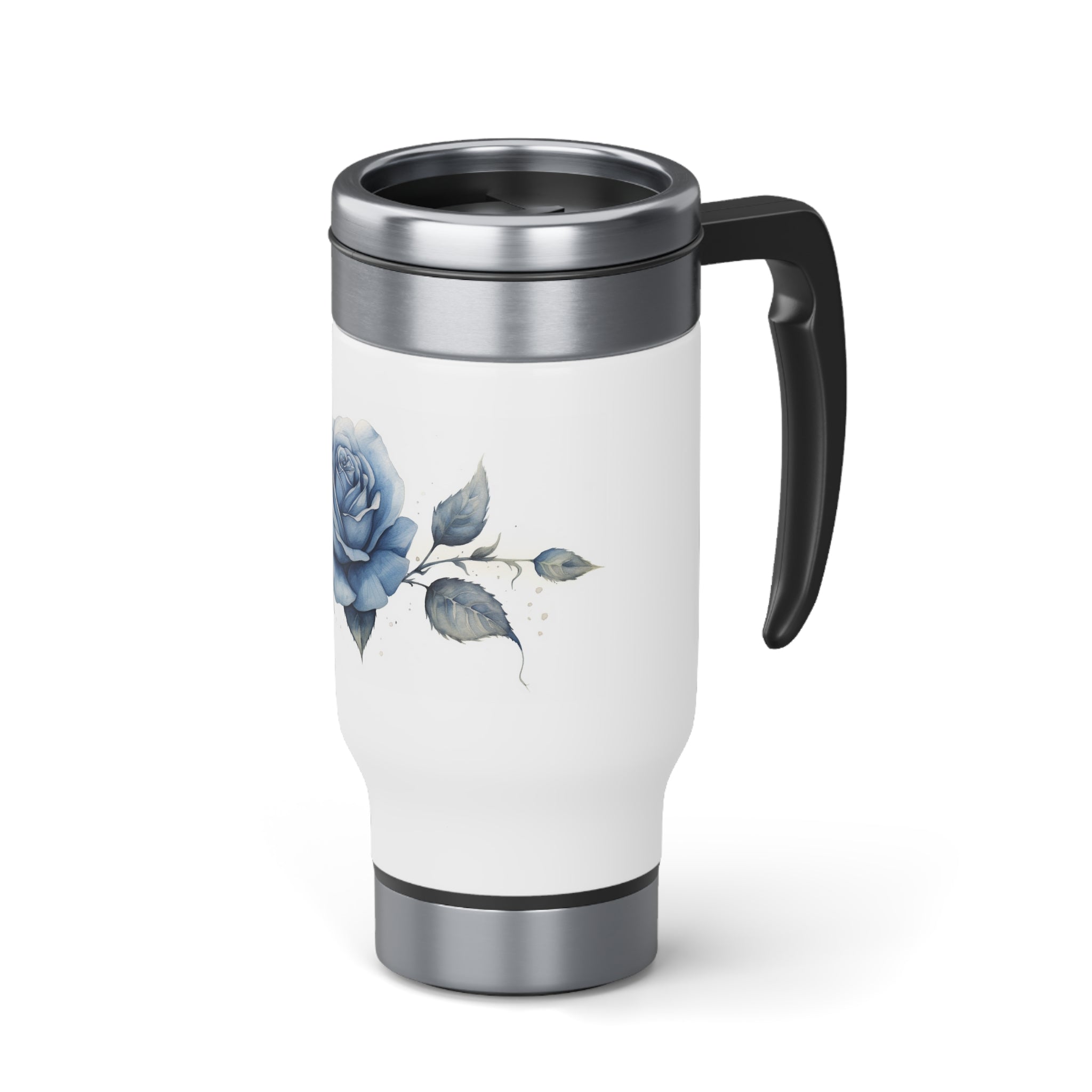 Stainless Steel Travel Mug with Handle, 14oz - Blue Rose, Watercolor