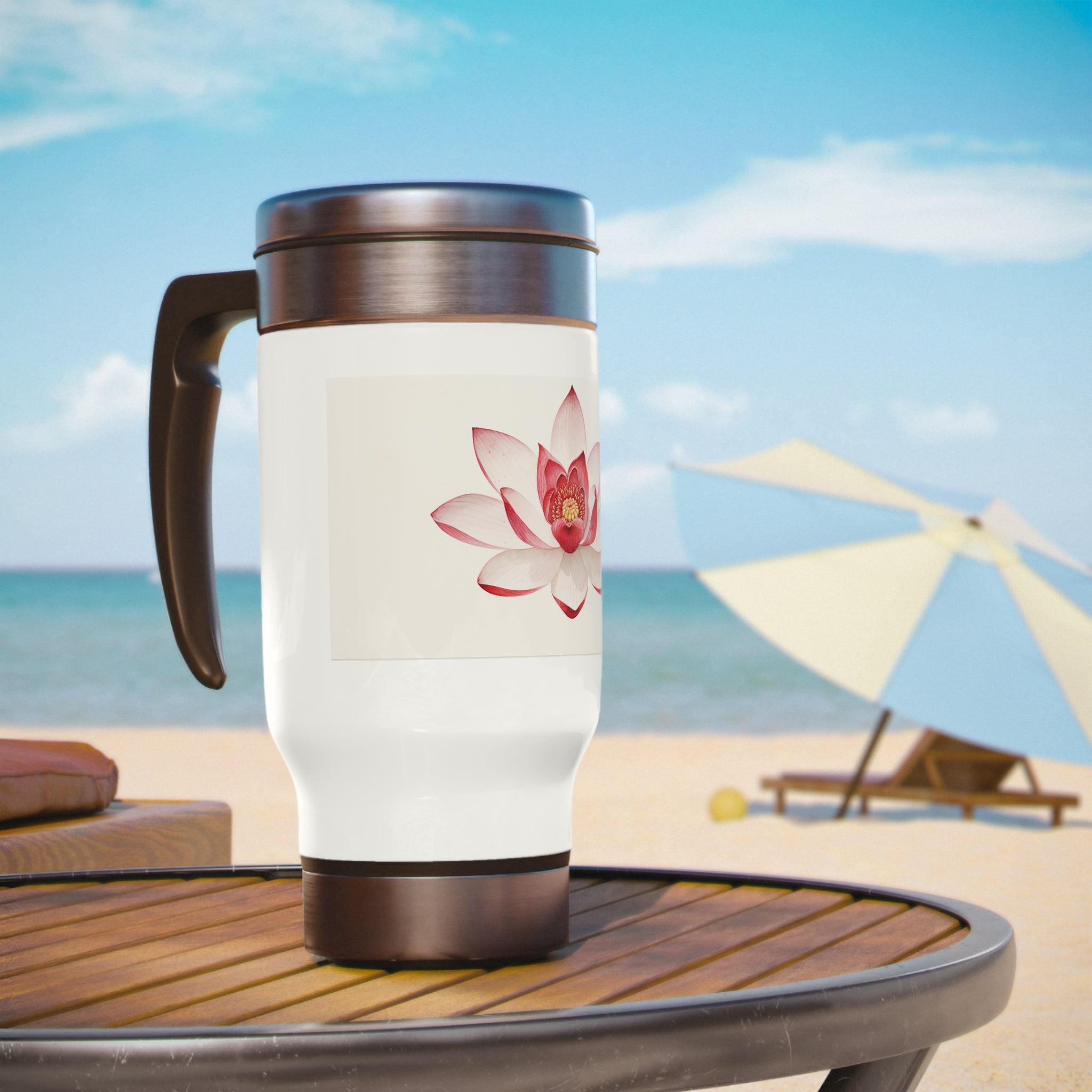 Stainless Steel Travel Mug with Handle, 14oz - Red Lotus, Watercolor