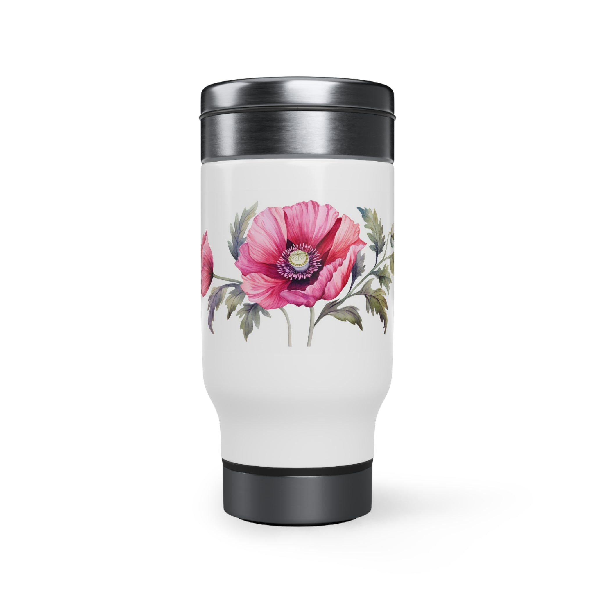 Stainless Steel Travel Mug with Handle, 14oz - Pink Poppy, Watercolor