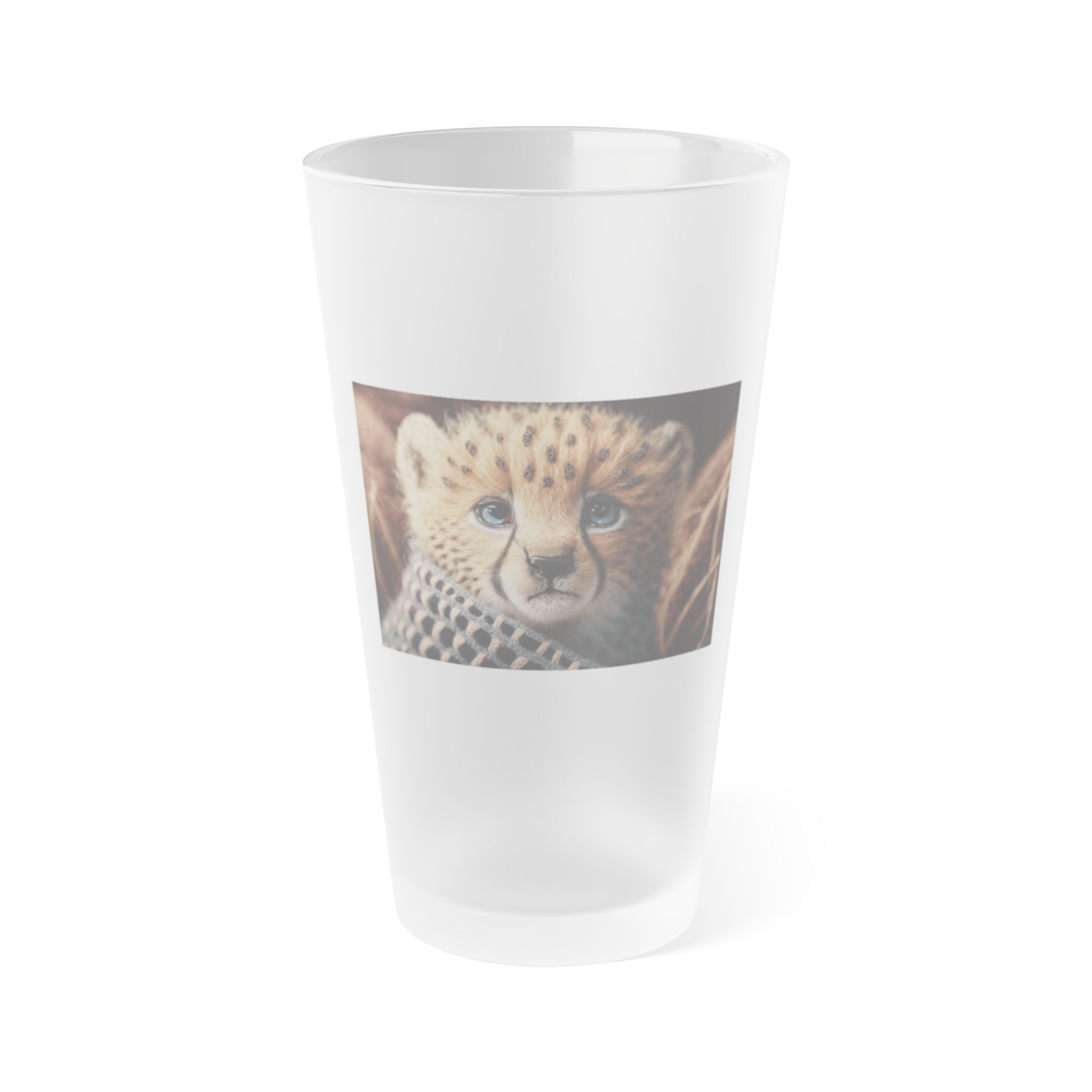 Frosted Pint Glass, 16oz - Animal Knit Arts, Cheetah cub