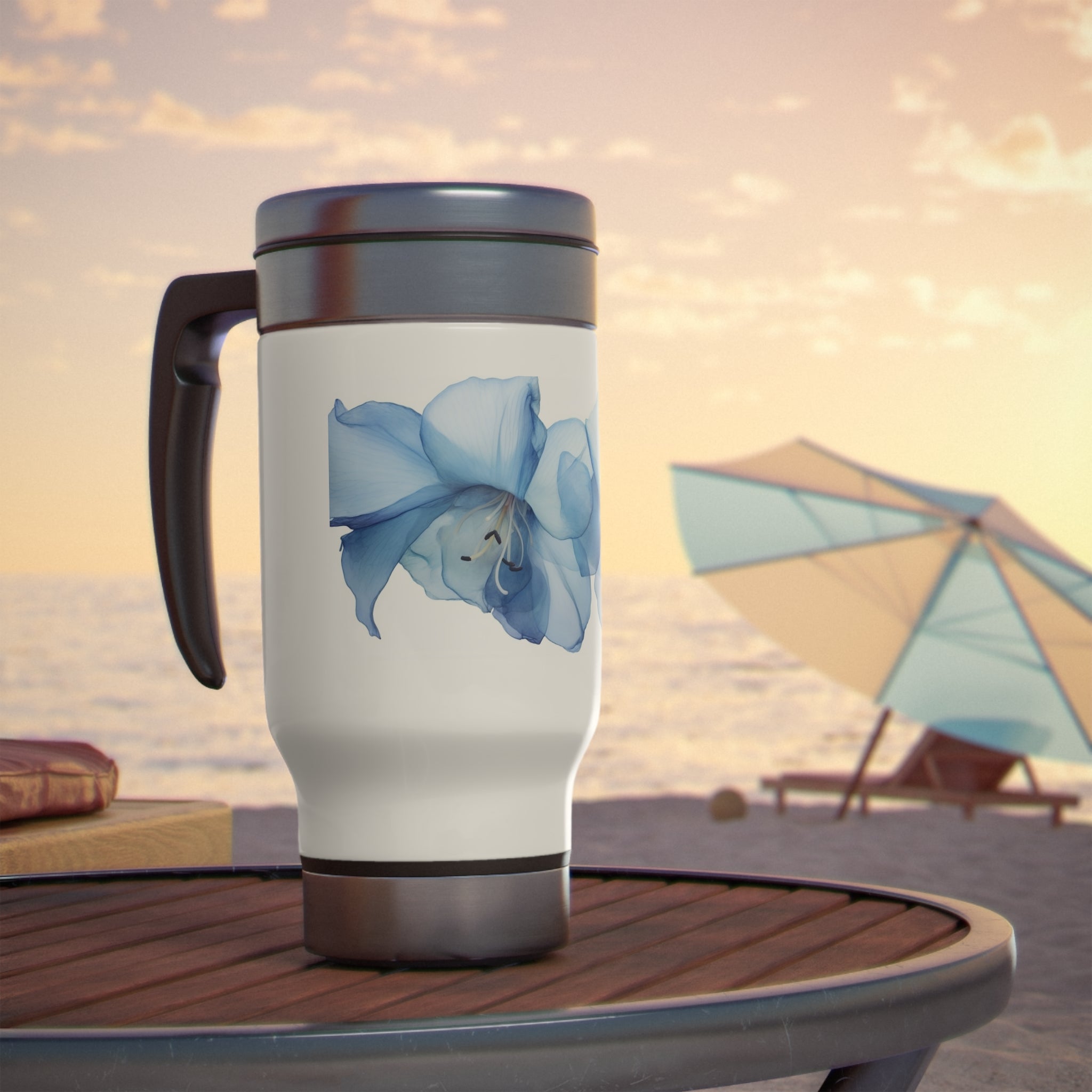 Stainless Steel Travel Mug with Handle, 14oz - Blue Calle Lily, Watercolor